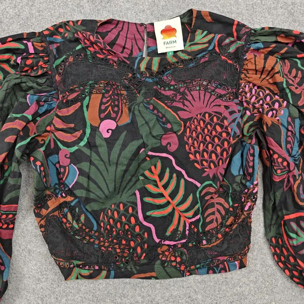 Farm Rio Blouse Womens Small Black Cropped Balloon Sleeve Crochet Floral Top